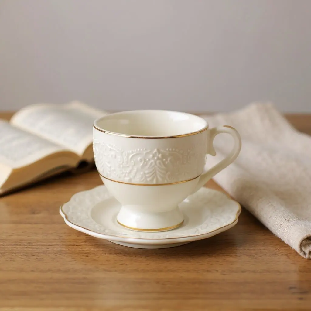 Coffee cup staged beside books