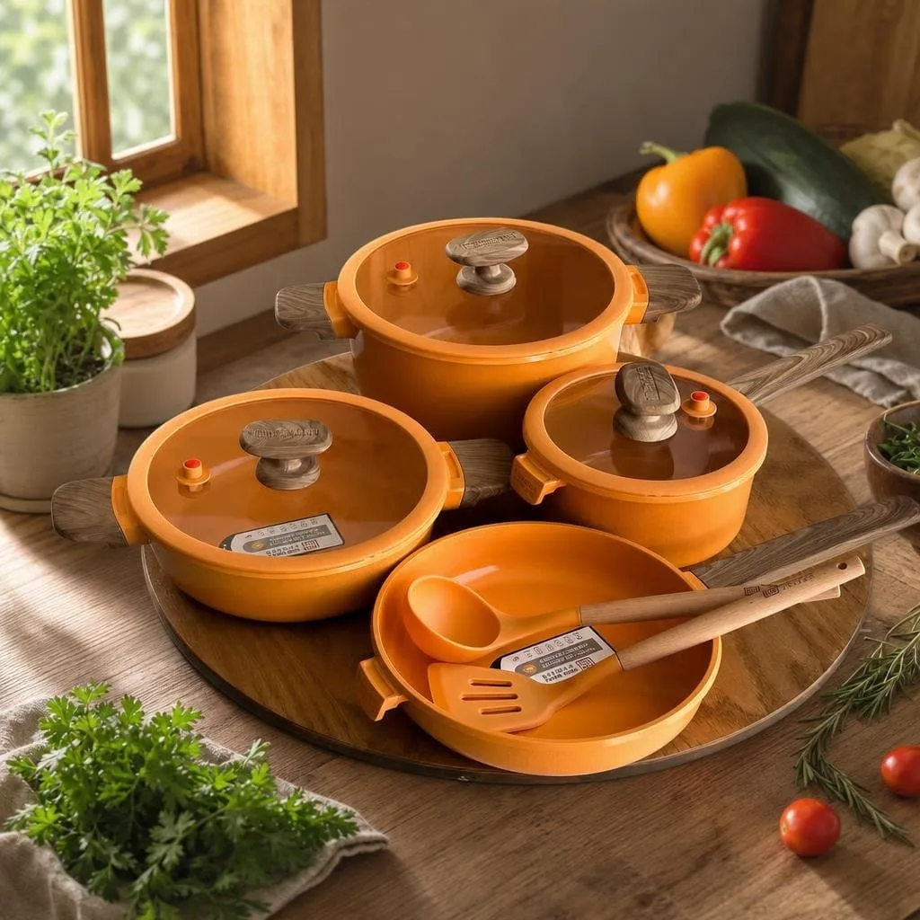 Kitchen cookware set in a warm lifestyle scene