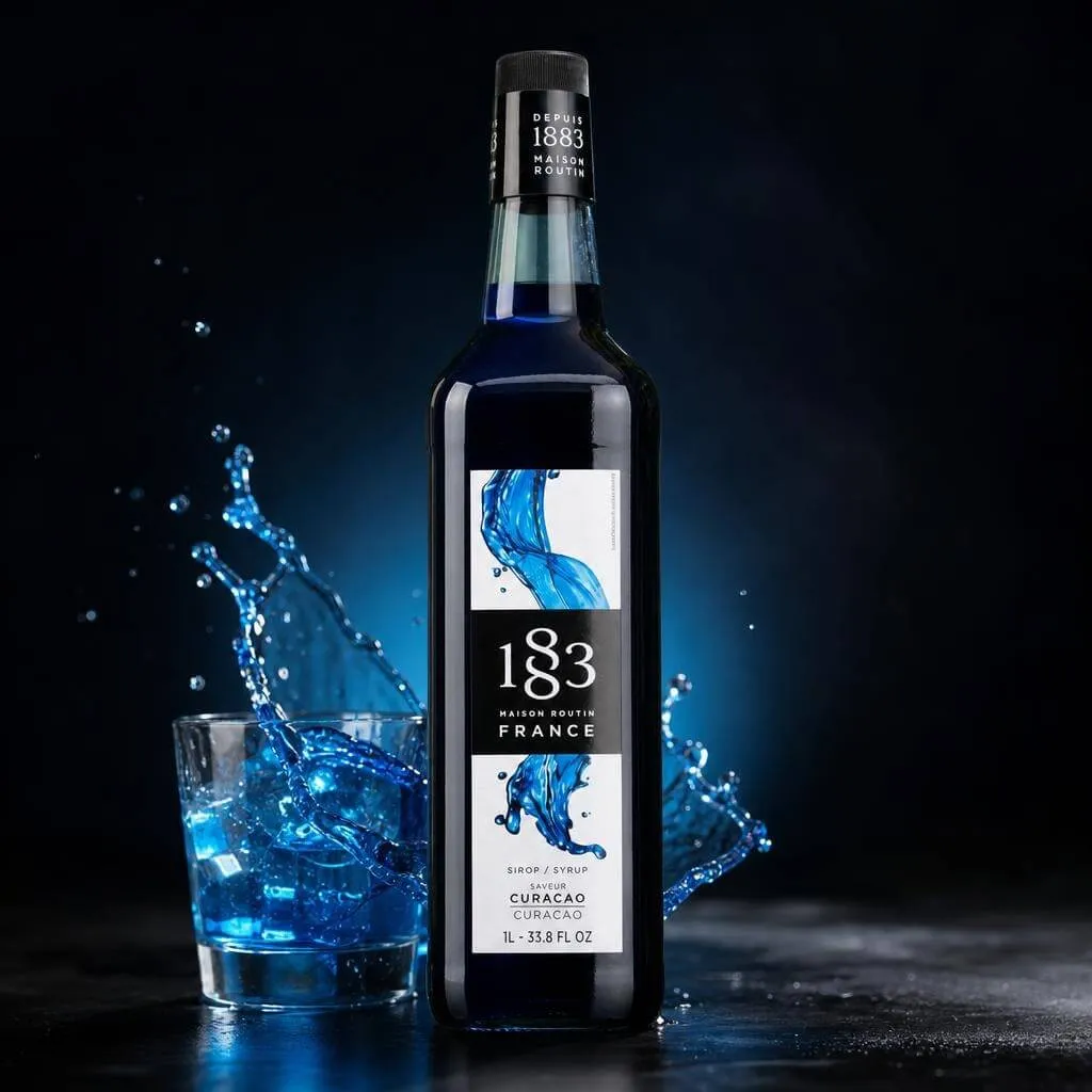 Syrup bottle in a blue splash advertising scene