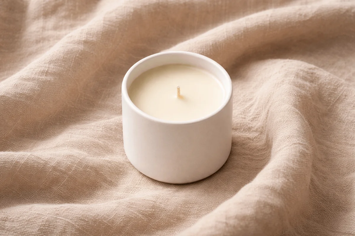 A product flat lay with a candle, linen surface, and warm diffuse lighting