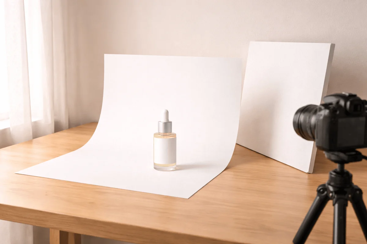 A simple home product photography setup with a softbox, foam board reflector, and clean backdrop