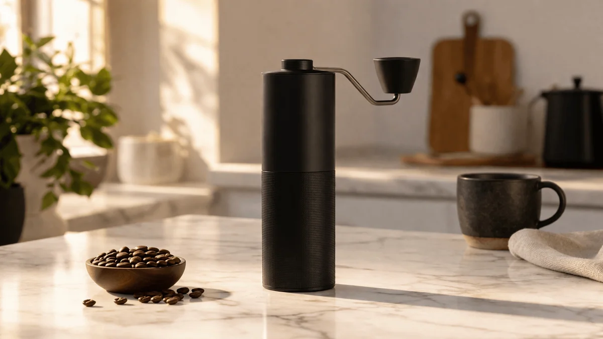 A lifestyle product photo of a coffee grinder on a marble kitchen counter with warm morning light