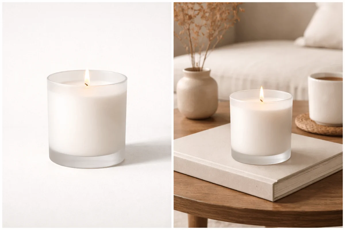 Side-by-side comparison of a studio product photo and a lifestyle scene of the same product