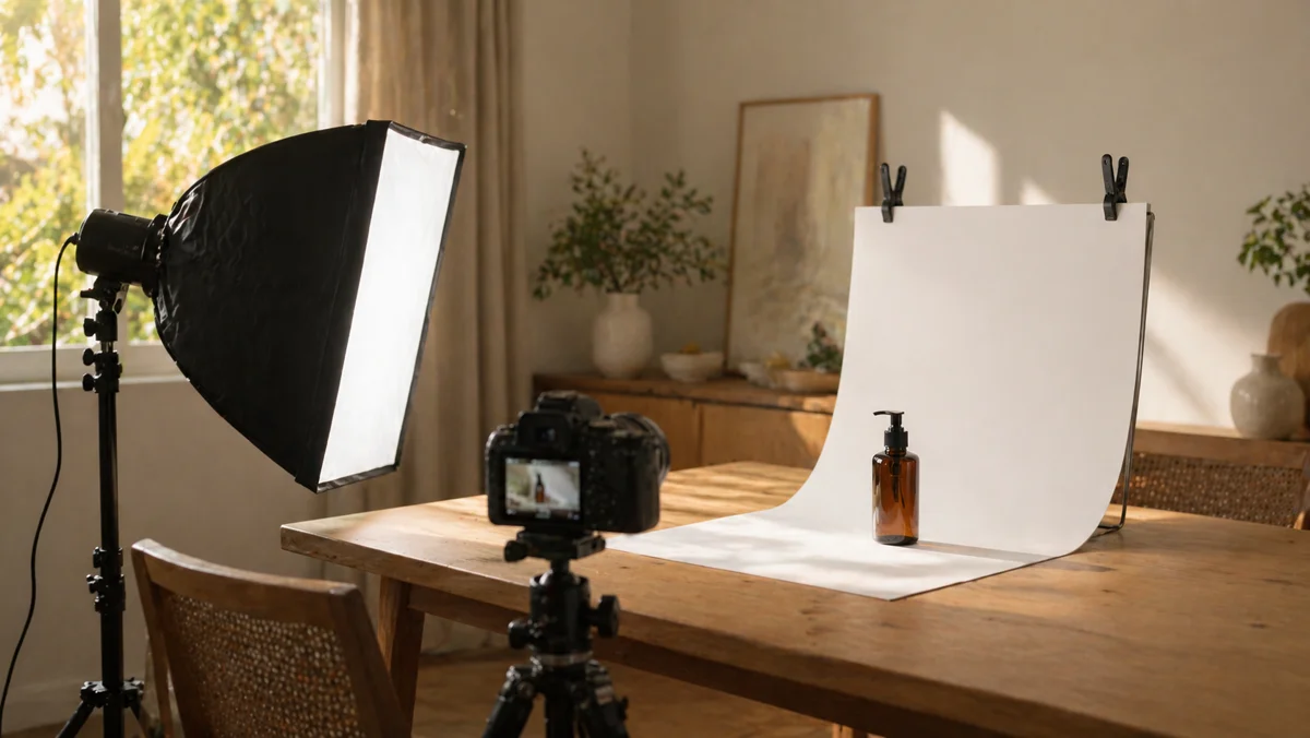 A home product photography setup with a sweep, softbox, and tripod arranged on a dining table