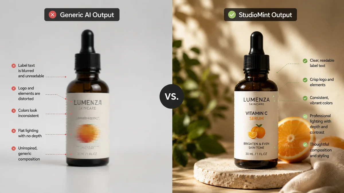 A clean commercial product photo next to a generic AI-generated image, showing the gap in product fidelity and commercial polish