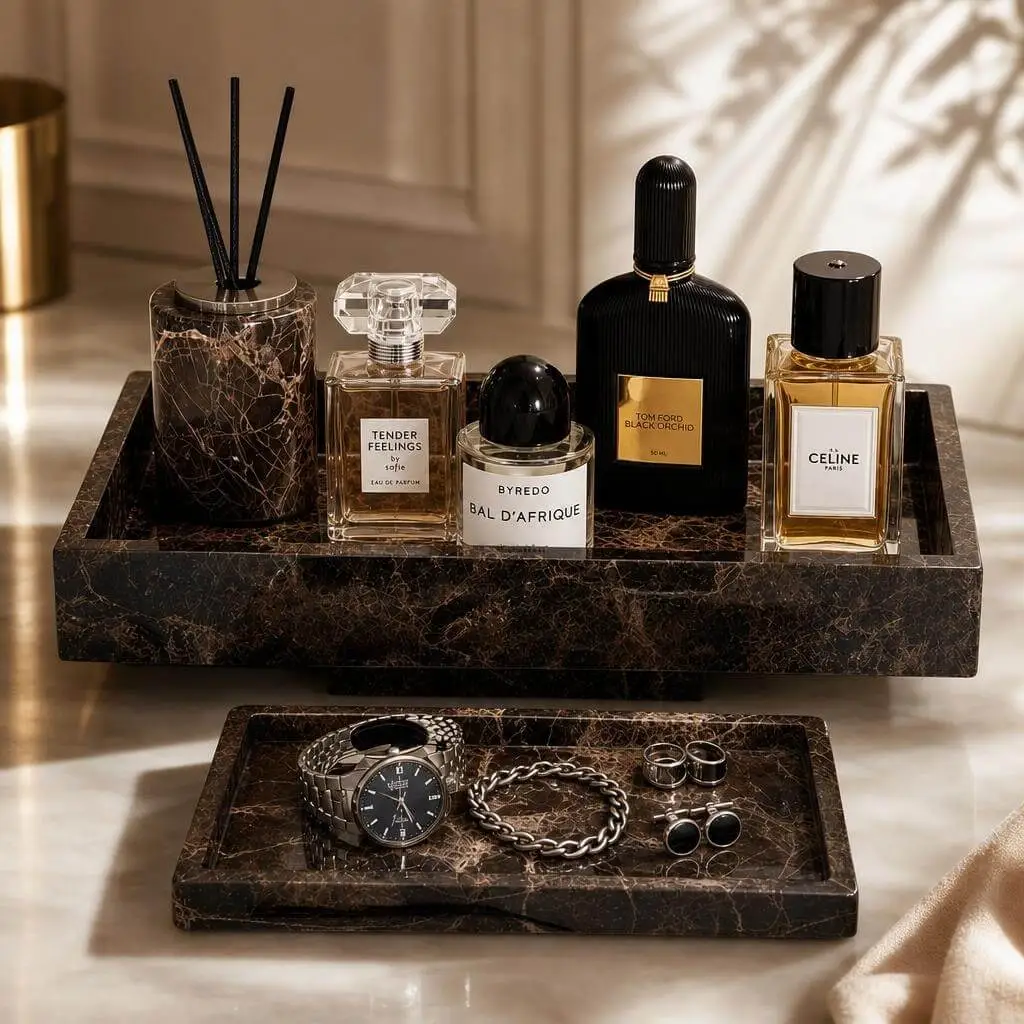 Self-care product set in warm campaign styling