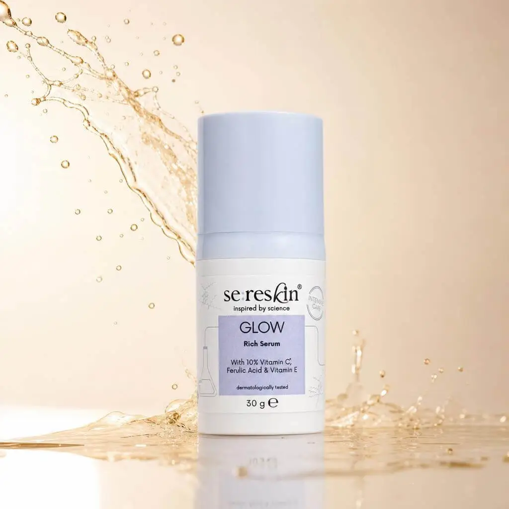 Skincare bottle in a bright splash product scene